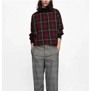 Zara Womens Red Plaid Long Sleeve Oversized Boxy Top Ribbed Pullover Lagenlook X